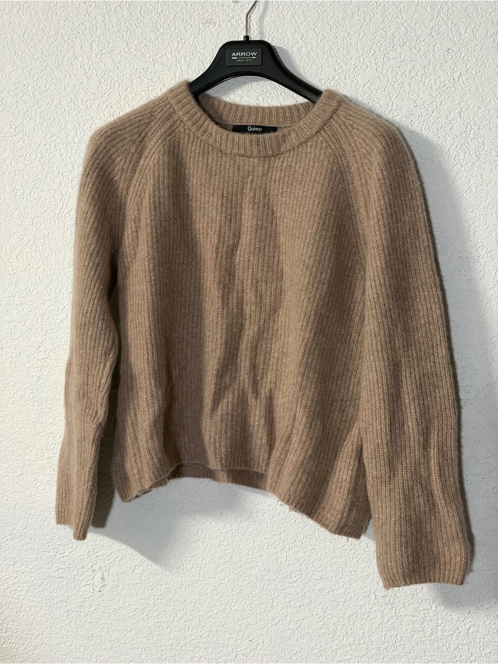 Quince Women's Ribbed Mongolian Cashmere Fisherman Crewneck Sweater tan - Picture 1 of 6